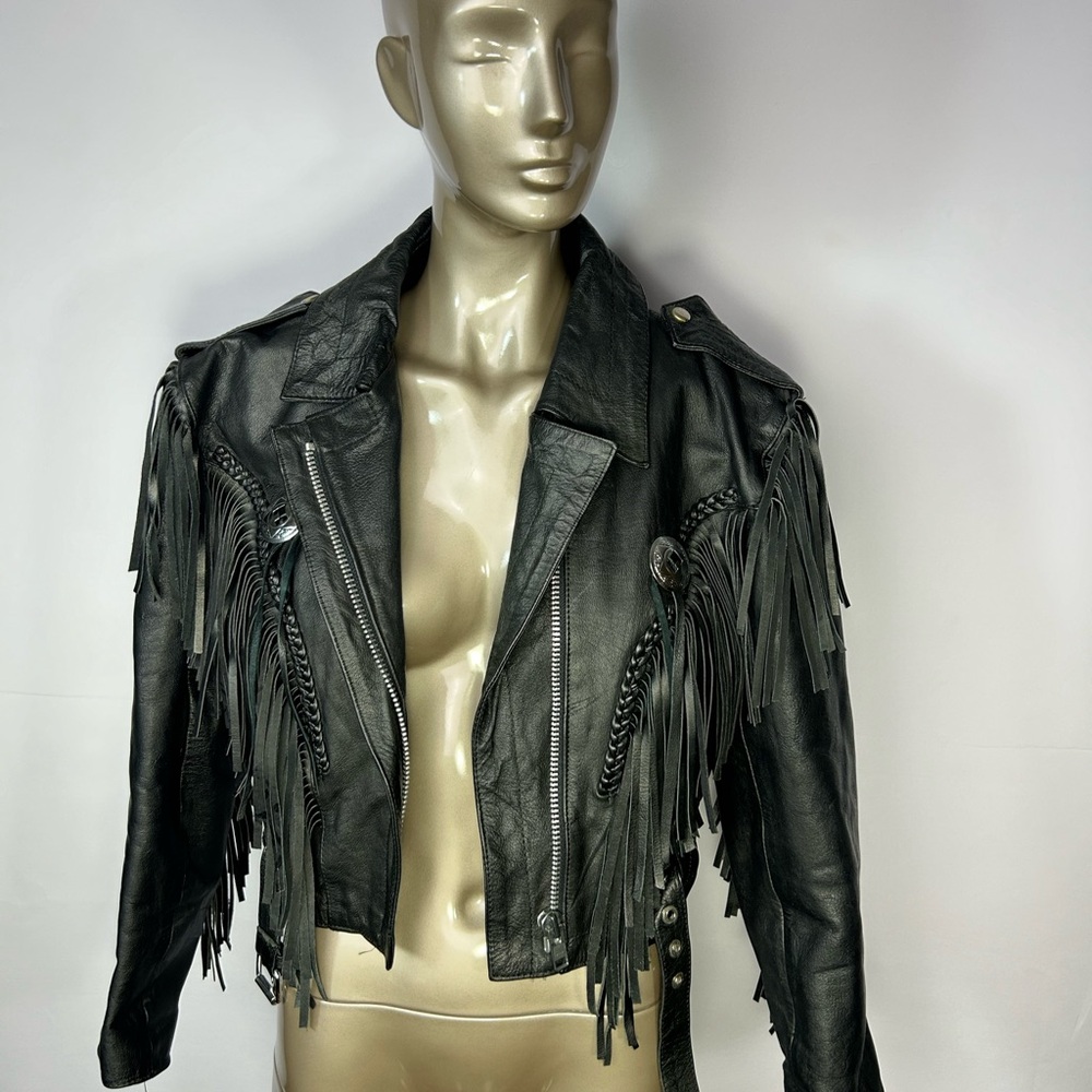 First Genuine Leather Black Leather Fringe Jacket